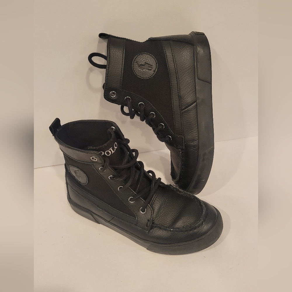 Polo Ralph Lauren high top classic black leather sneakers. Size: 2 Kids